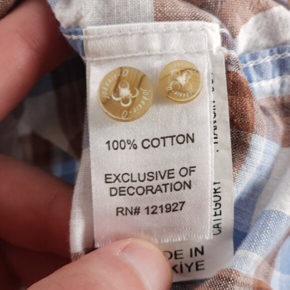 Johnnie-o Plaid Blue Brown Button Up Shirt Medium Lightweight Short Sleeve - Picture 13 of 13